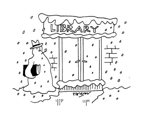 Snowman outside library.