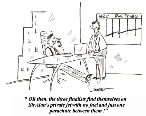 "The three finalists find themselves on Sir Alan's private jet with no fuel and just one parachute between them!"