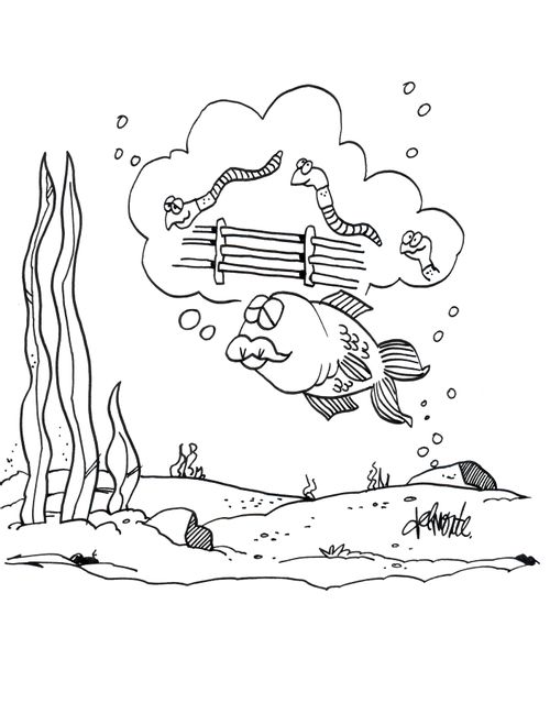Fish sleeps while counting worms that jump over a fence.