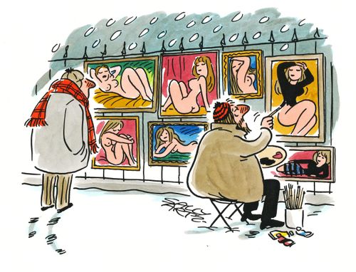 Artist paints clothes to nude paintings.