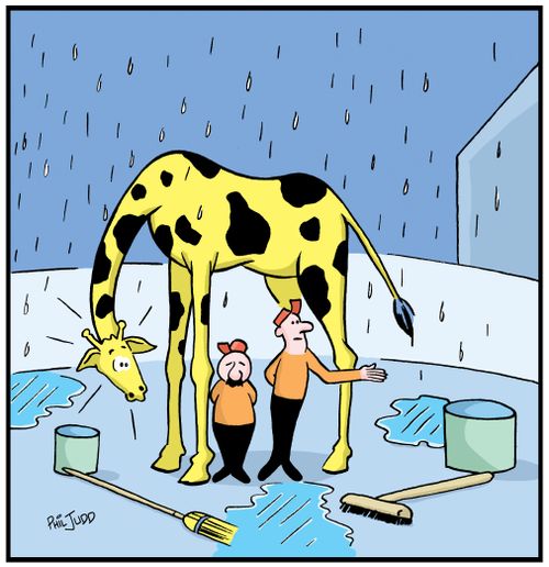 Two cleaners at the zoo. They are sheltering under a giraffe to get out of the rain.