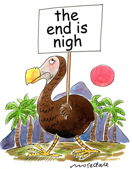 Dodo with 'the end is nigh' placard.