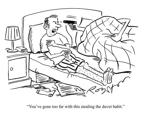 Woman threatens husband with gun in bed. He says: 'You've gone too far with this stealing the duvet habit.'