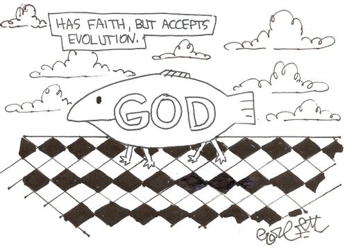 Has faith, but accepts evolution: fish with GOD witten inside.