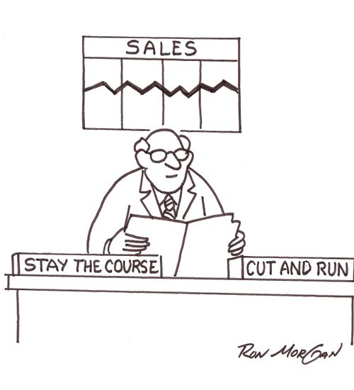 Businessman has in/out boxes labeled: Stay The Course and Cut And Run.