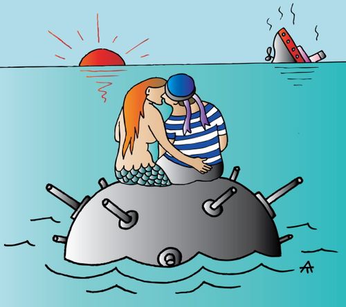 Sailor and Mermaid Kiss on a Mine.
