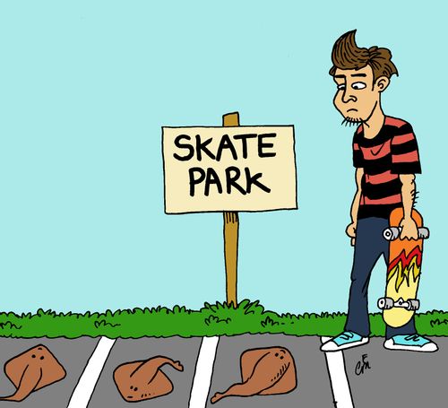 Skateboarder discovers his local 'Skate Park' is occupied by parked flatfish.