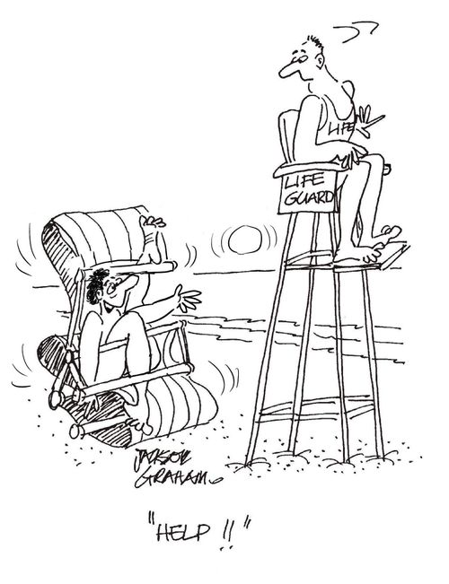 Man stuck in deck chair.