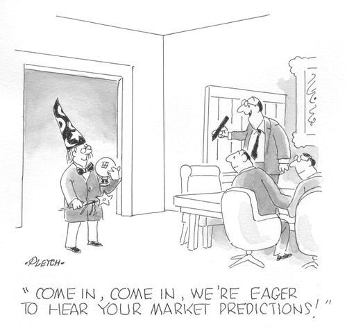 'Come in, come in, we're eager to hear your market predictions!' 