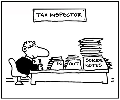 'Tax inspector: In. Out. Suicide notes.'