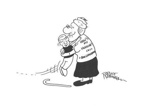 Grandma wearing novelty T-Shirt: 'How's my Hungging?'