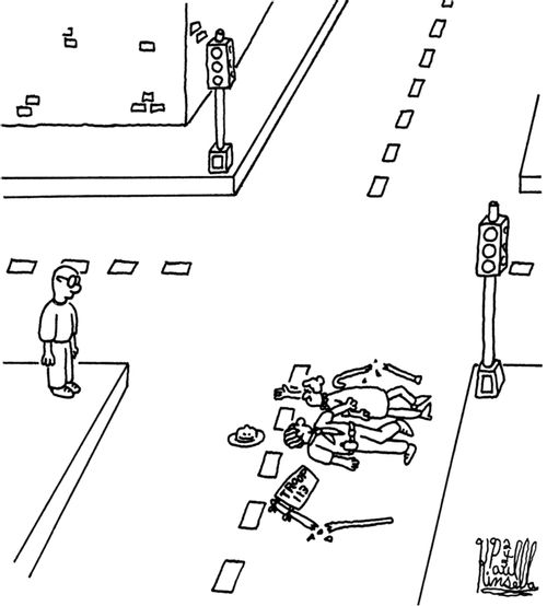 Both boy scout and little old lady are run over while boy scout helped the little old lady cross the street.
