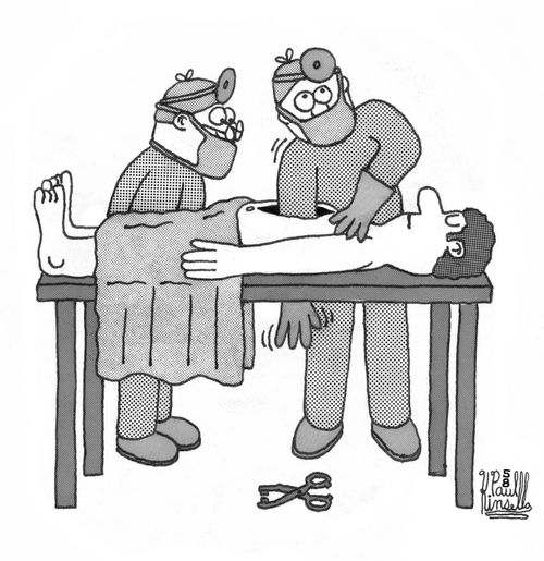 Surgeon has dropped his forceps.
