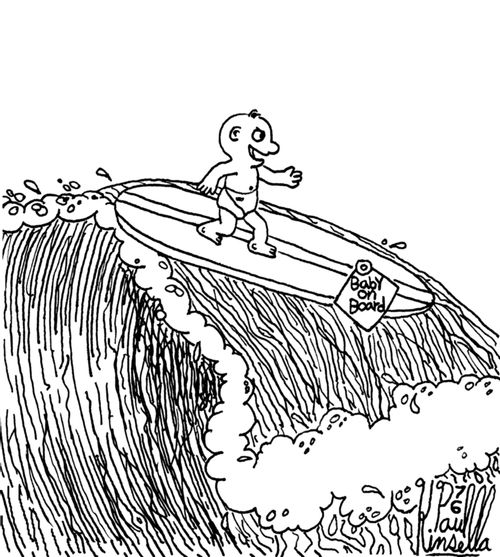 Baby on Surfboard with sign 'Baby on Board'.