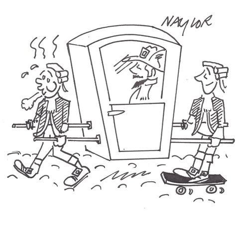 Sedan Chair Holder on a Skateboard.
