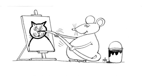 Mouse painting a cat picture with his tail.