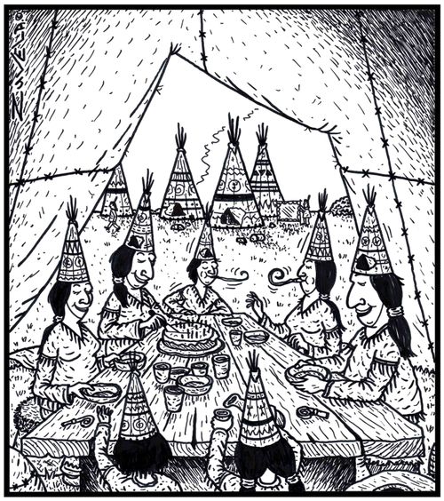 North American Indians with Party hats in the form of Teepees.