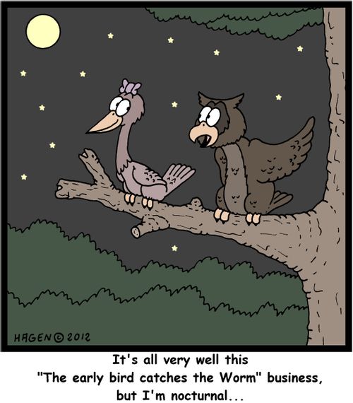 'It's all very well this 'The early bird catches the Worm' business, but I'm nocturnal...'