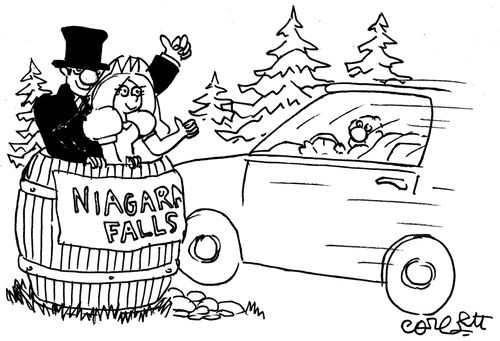 Newly weds hitchhiking: 'Niagara Falls'.