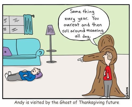 Andy is visited by the Ghost of Thanksgiving Future.
