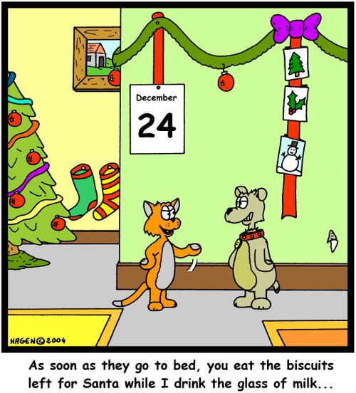 'As soon as they go to bed, you eat the biscuits left for Santa while I drink the glass of milk...'