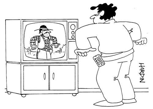 Man with a remote control in a stand-off with a cowboy on TV.