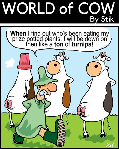 When I find out who's been eating my prize potted plants, I'll be down on them like a ton of turnips!