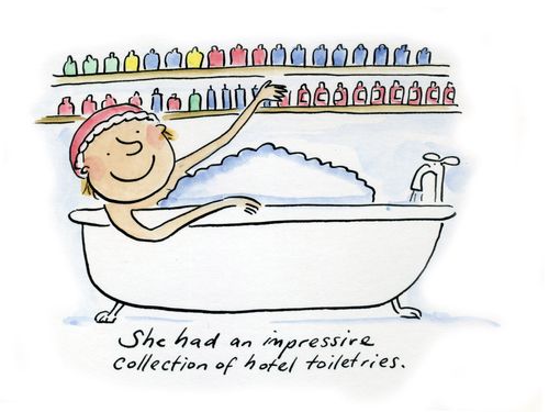 She had an impressive collection of hotel toiletries.