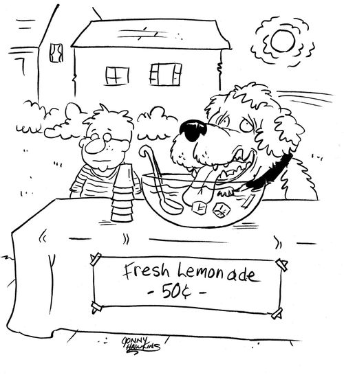 Big dog with tongue hanging in drink bowl at Lemonade stand.
