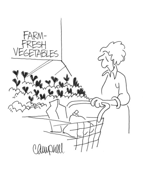 Woman in grocery store sees live vegetables growing beneath farm-fresh vegetables sign.