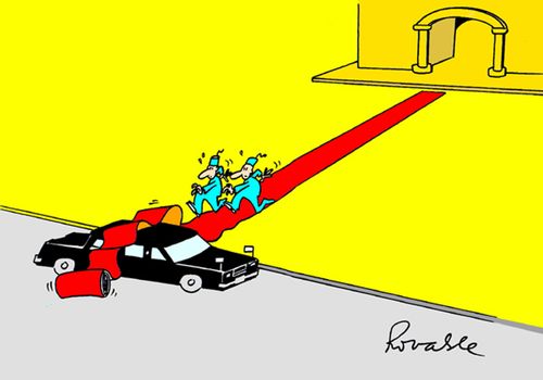 Red carpet rolling over a limousine.