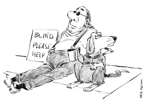 Seeing-eye dog begs for master.