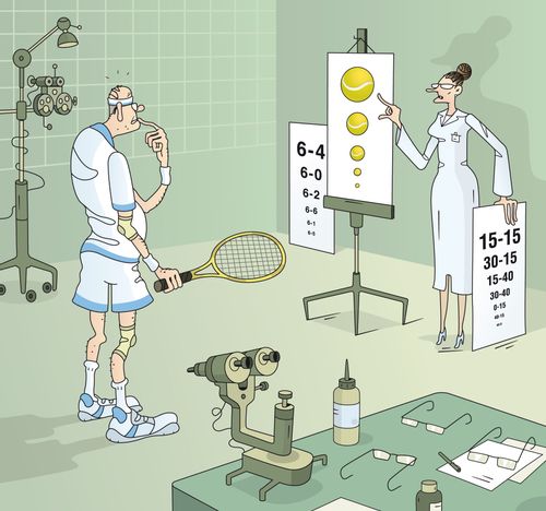 Senior tennis player having a tennis-oriented vision check-up.