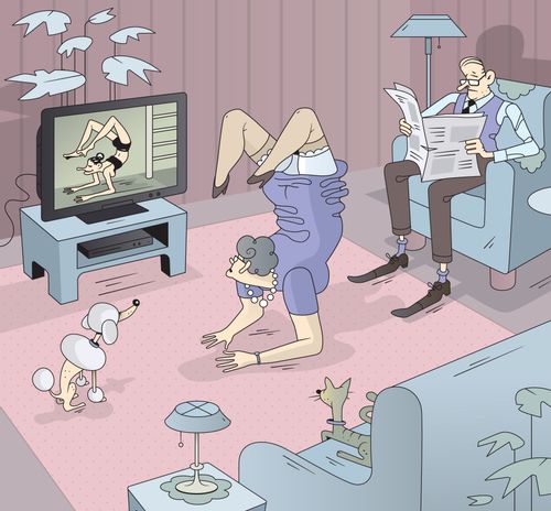 A senior lady in yoga posture is watching a fitness video program on television.