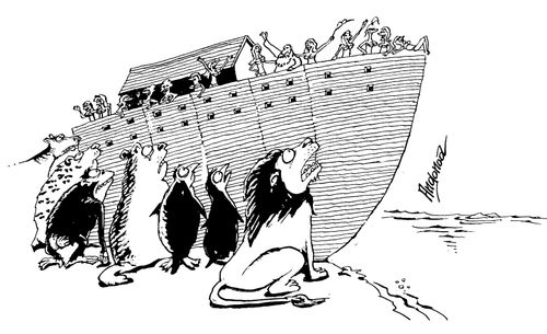 Noah leaving all the animals behind.