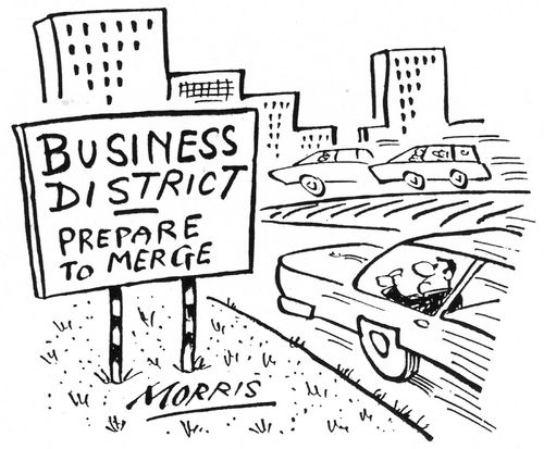 Road sign: 'Business district - prepare to merge.'