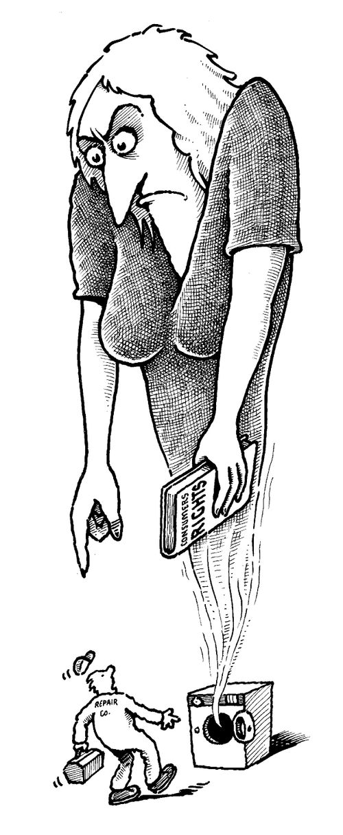 Spirit of a housewife coming out of a washing machine.