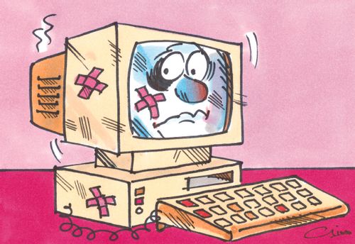 Sad looking computer with plasters and a black eye