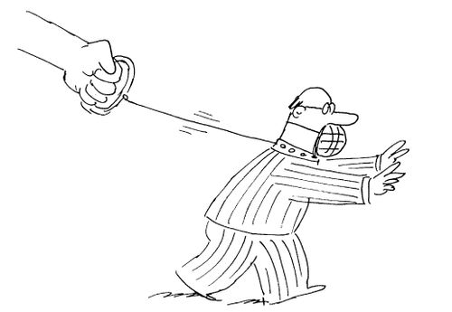Industrialist being held by a lead and face mask.