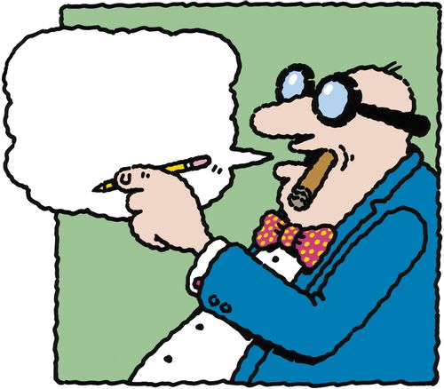 fat guy with cigar writes his own speech bubble