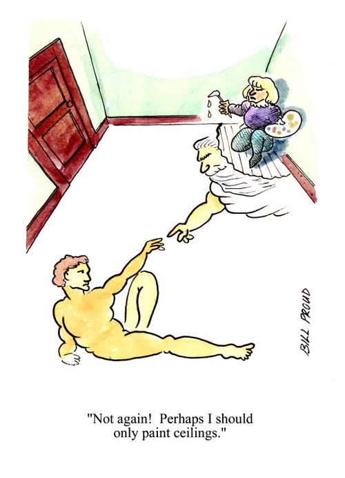 'Not again!  Perhaps I should only paint ceilings.' (painted into a corner).