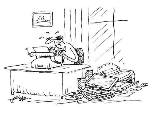Man has thrown his computer aside and is writing on a typewriter.