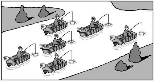 Six identical fishermen in boats on a river.