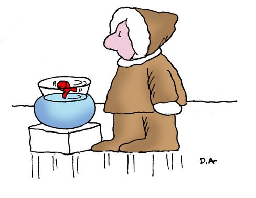 Eskimo with goldfish skating in its bowl.