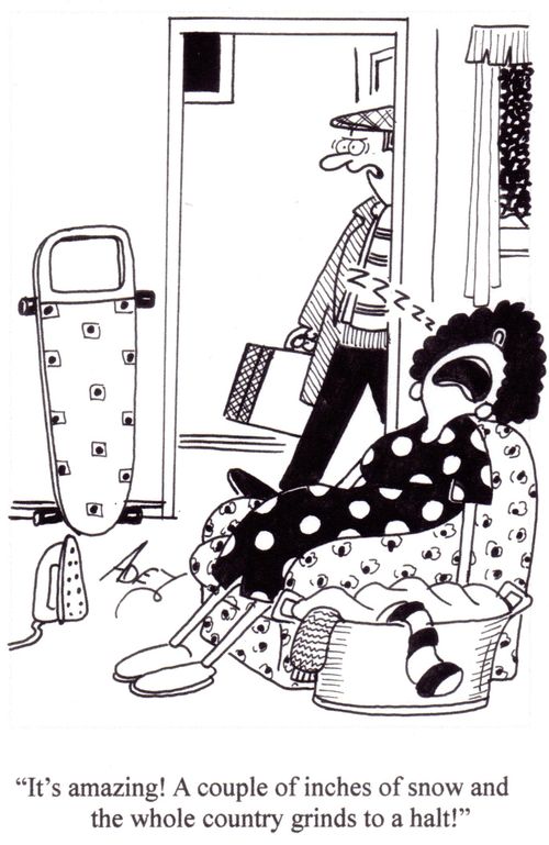 "It's amazing! A couple of inches of snow and the whole country grinds to a halt!"
