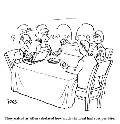 They waited as Allen tabulated how much the meal had cost per bite.