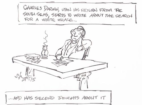 Charles Darwin upon his return from the south seas starts to write about the search for a white whale...and has second thoughts about it.