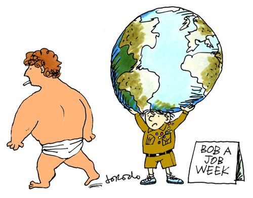 Boy scout replaces Atlas during Bob-a-Job Week.