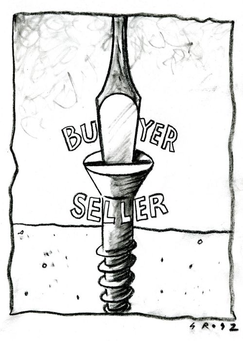 Screwdriver labelled 'Buyer' and screw labelled 'seller'.