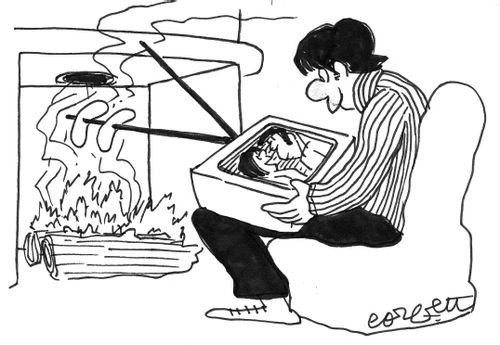 Man watches TV while roasting hotdogs on rabbit ears.